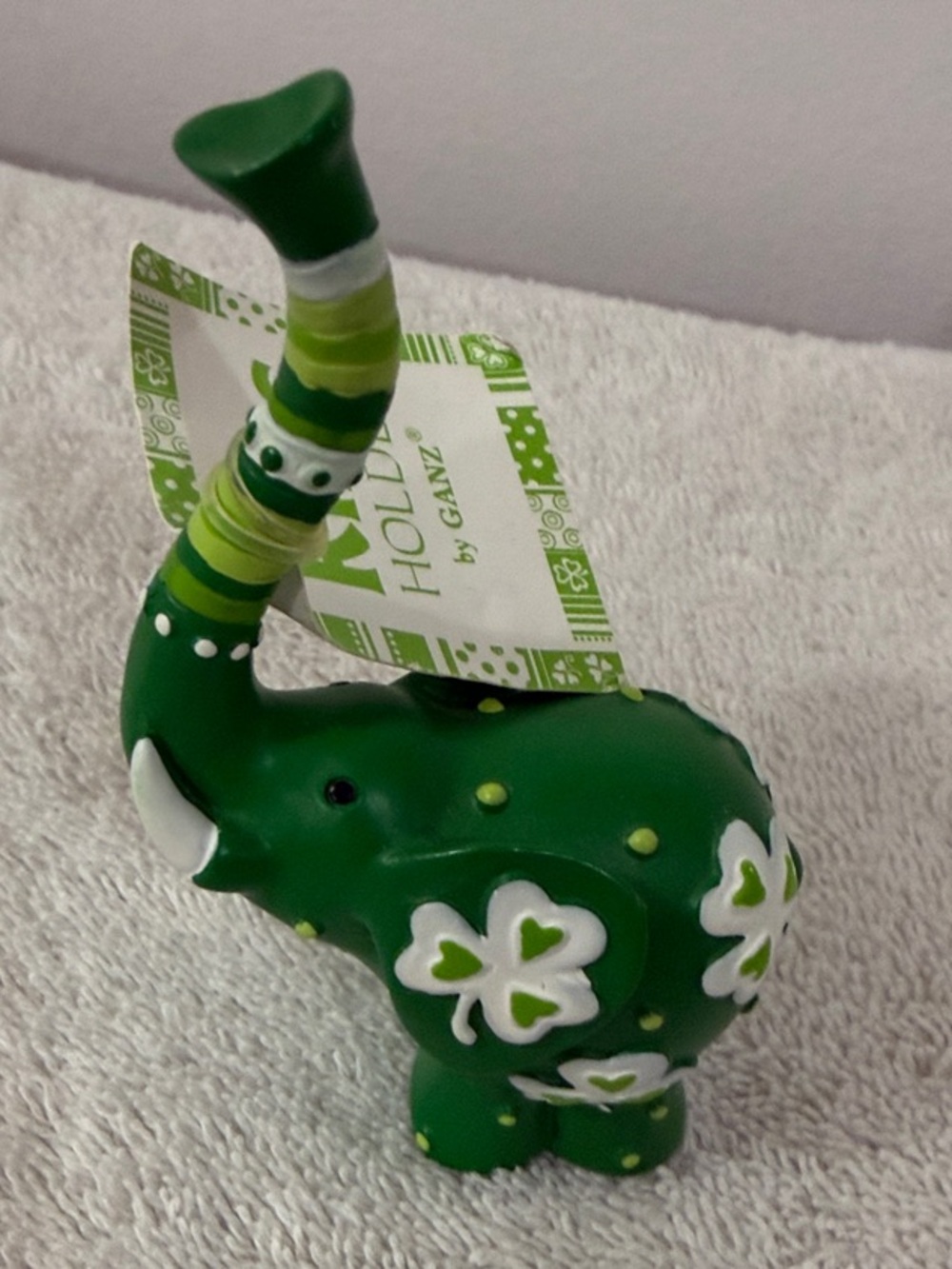 GANZ Green Elephant Figurine Irish Clover Shamrock Accents Ring Jewelry Holder